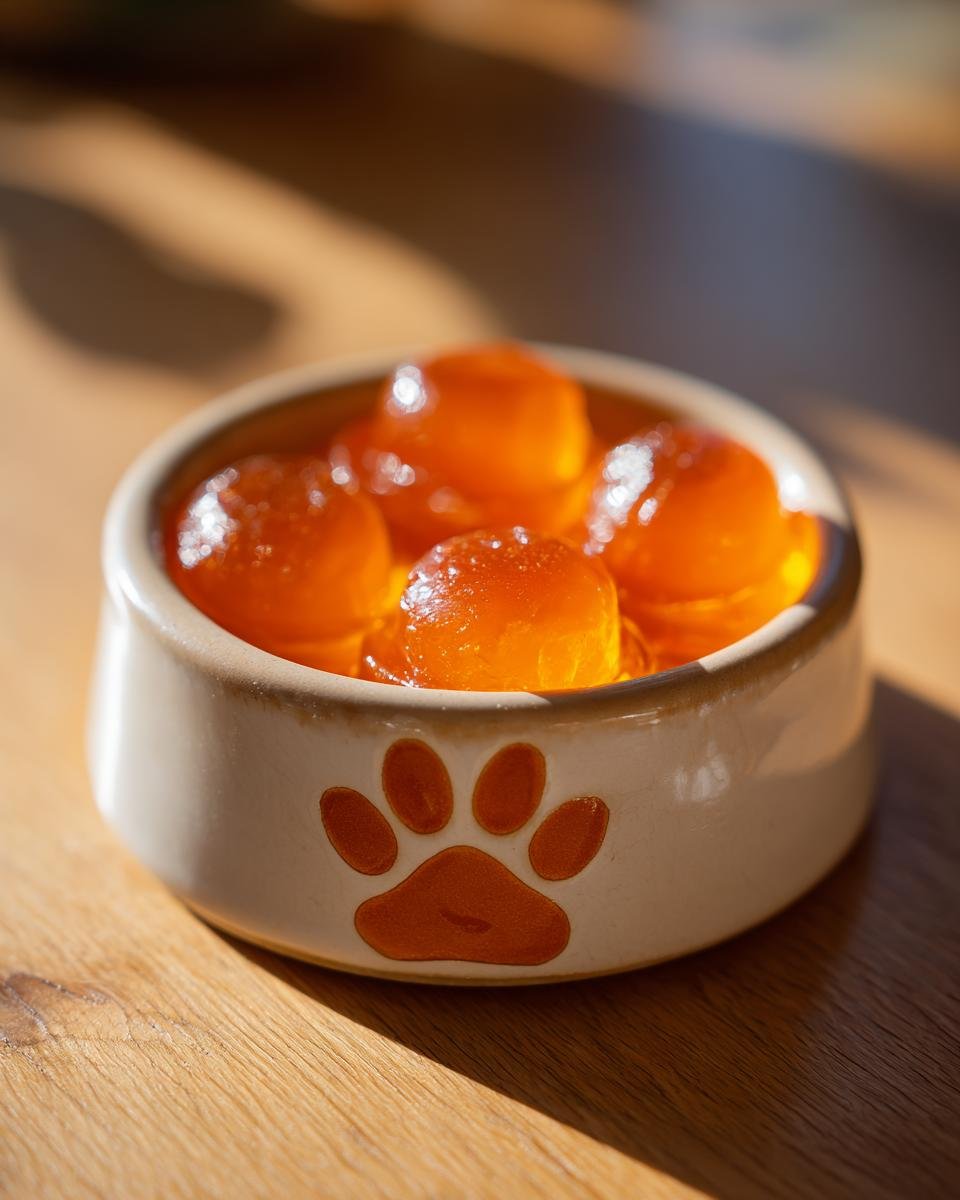 Four shiny, orange Minimal Ingredient Bone Broth Gummies for Dogs in a ceramic pet bowl with a paw print design.