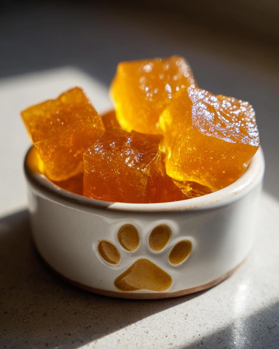 Close-up of amber-colored Minimal Ingredient Bone Broth Gummies for Dogs in a small white bowl with a paw print design.
