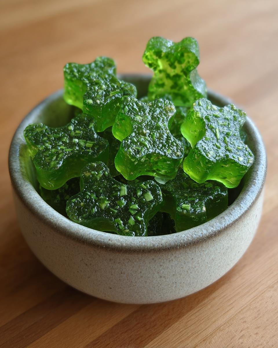 Close-up of bright green, bear-shaped Mint & Parsley Bone Broth Dental Gummies in a small ceramic bowl.