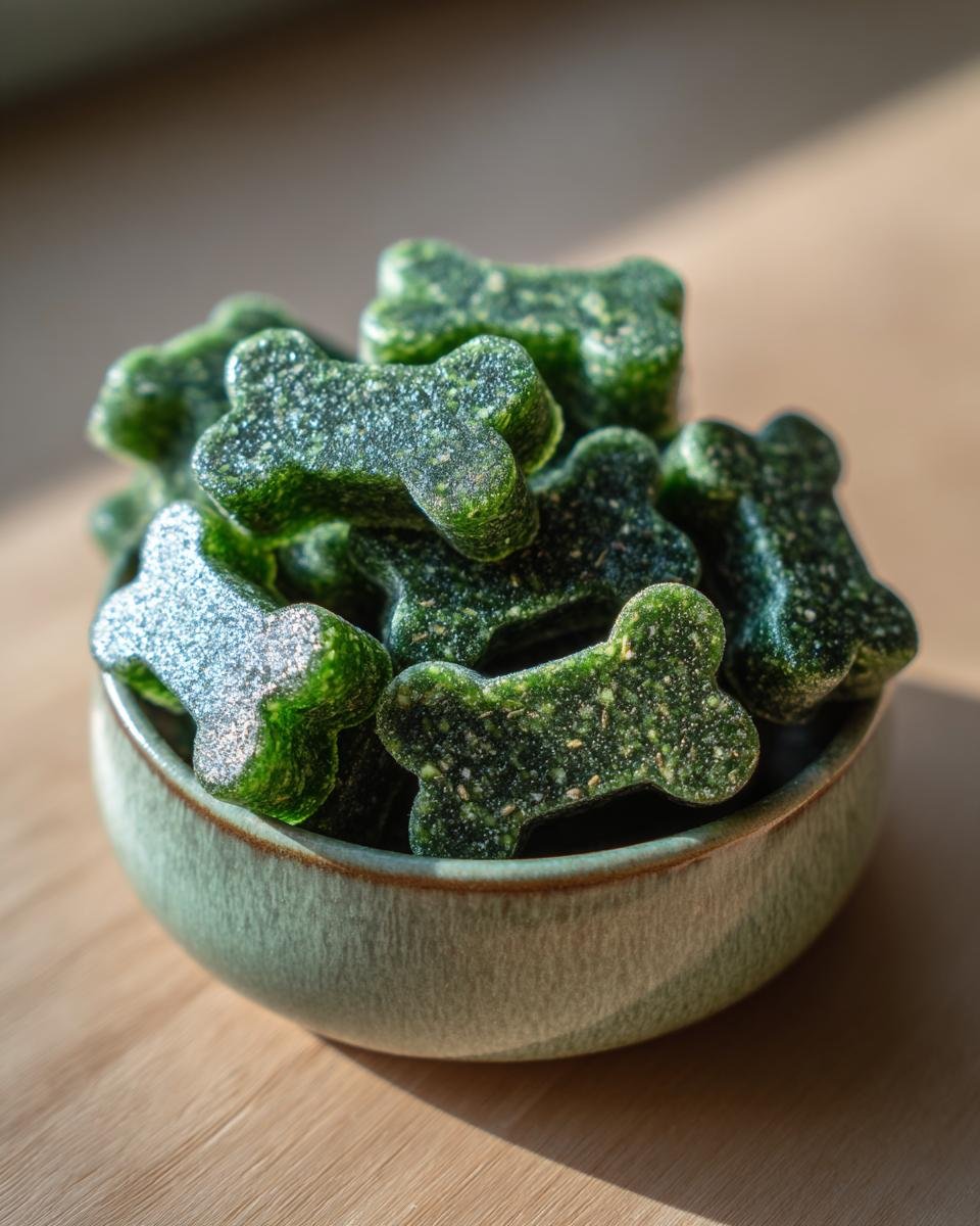 A bowl filled with green, bone-shaped Mint & Parsley Bone Broth Dental Gummies for dogs.
