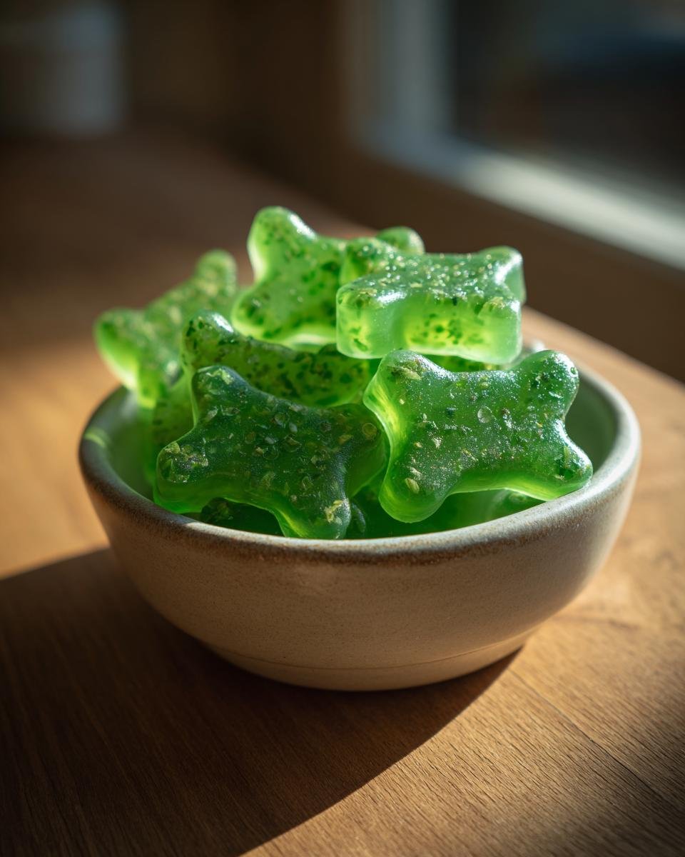 Close-up of bright green, bone-shaped Mint & Parsley Bone Broth Dental Gummies for Dogs in a small ceramic bowl.