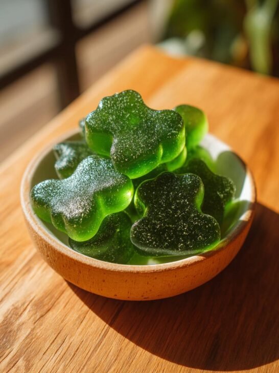 Close-up of bright green, clover-shaped Mint & Parsley Bone Broth Dental Gummies for dogs in a small wooden bowl.