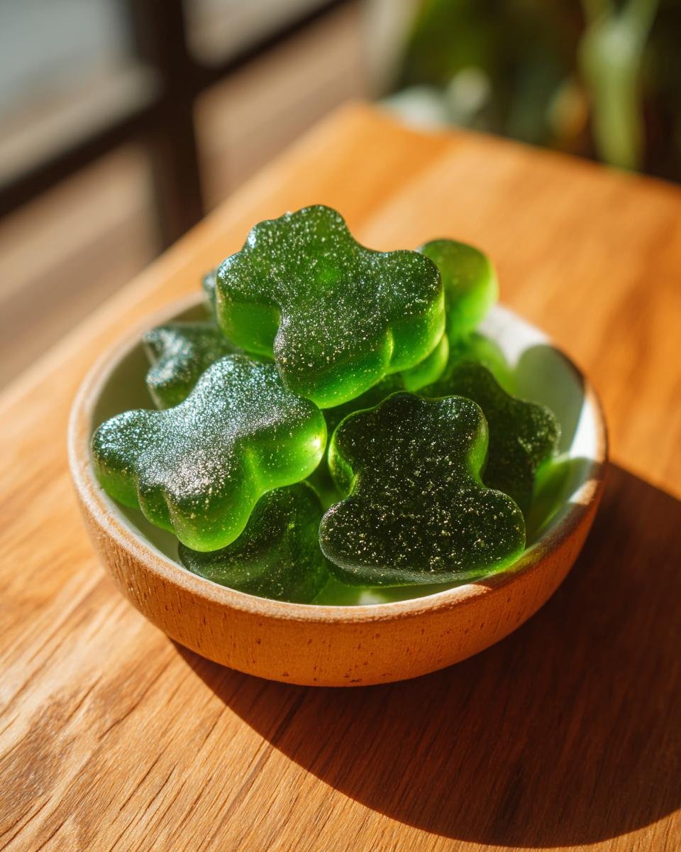 Close-up of bright green, clover-shaped Mint & Parsley Bone Broth Dental Gummies for dogs in a small wooden bowl.