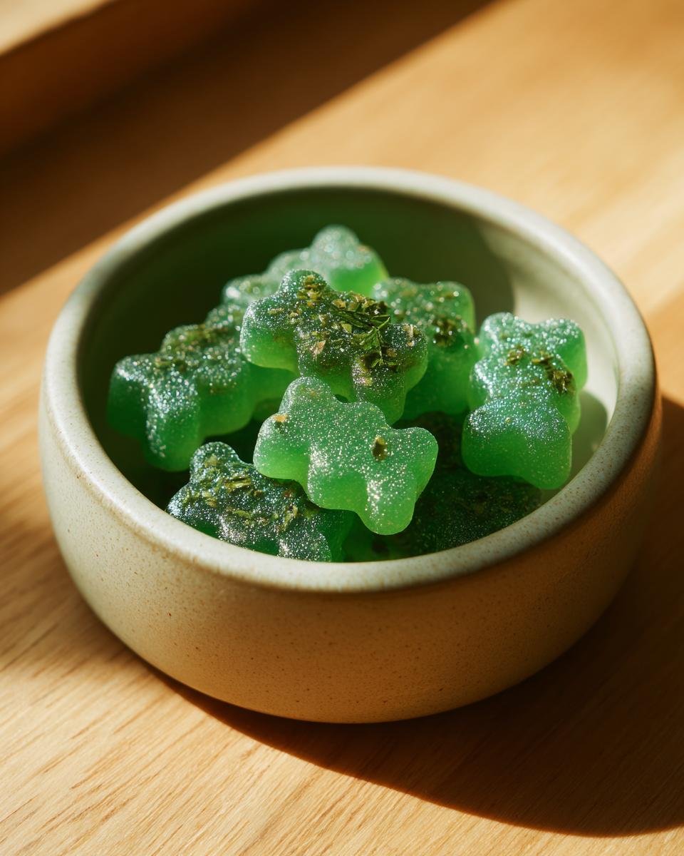Close-up of bright green, star-shaped Mint & Parsley Bone Broth Dental Gummies for dogs in a small bowl.