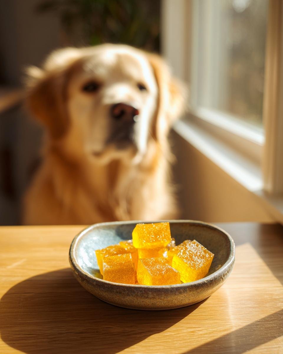 A small bowl of orange Natural Detox Bone Broth Gummies for Dogs sits on a wooden table with a Golden Retriever looking on in the background.