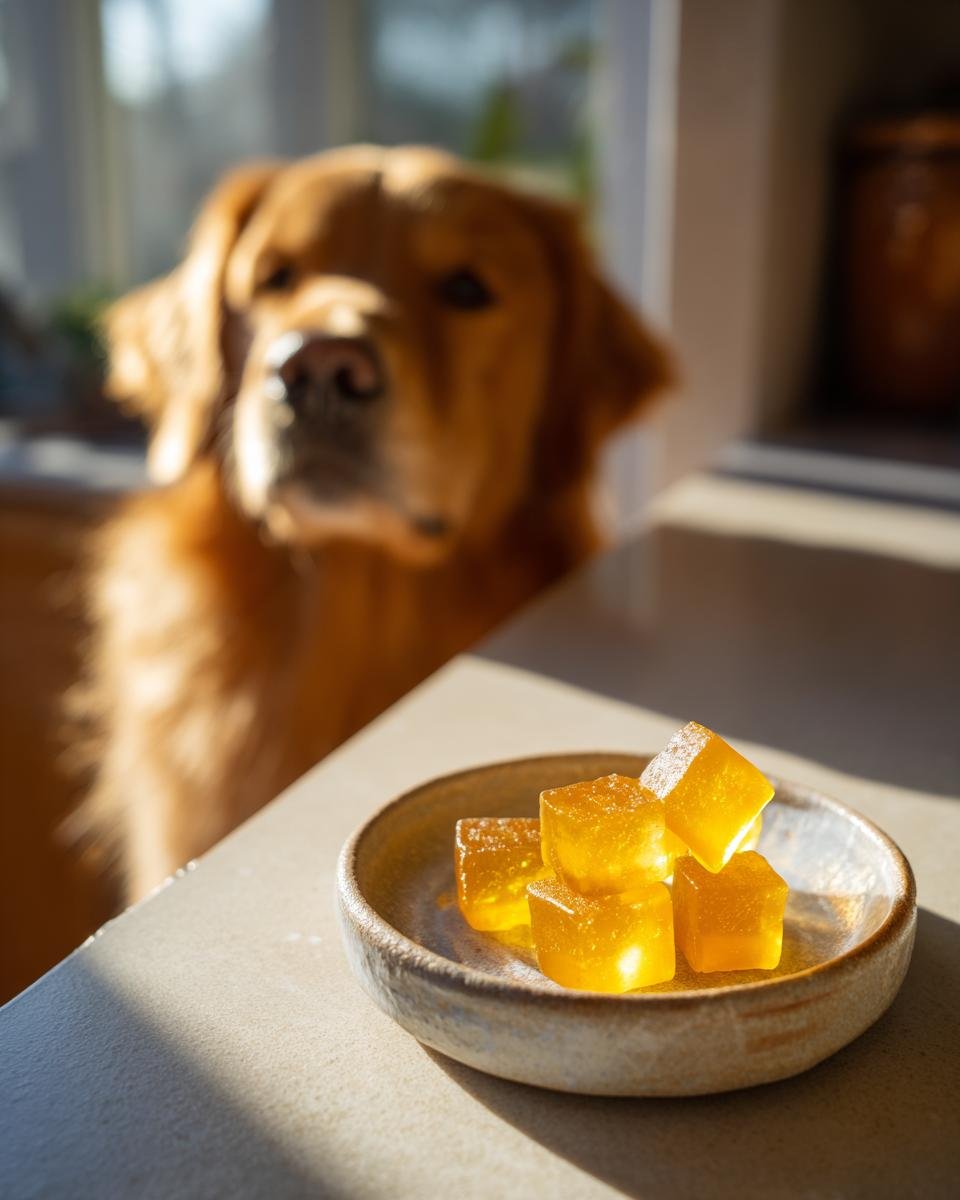 Close-up of yellow Natural Detox Bone Broth Gummies for Dogs in a small bowl, with a golden retriever watching in the background.