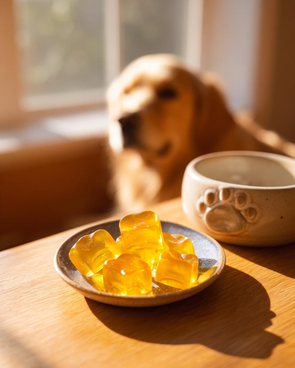 Close-up of amber-colored Natural Detox Bone Broth Gummies for Dogs on a small dish, with a dog in the background.