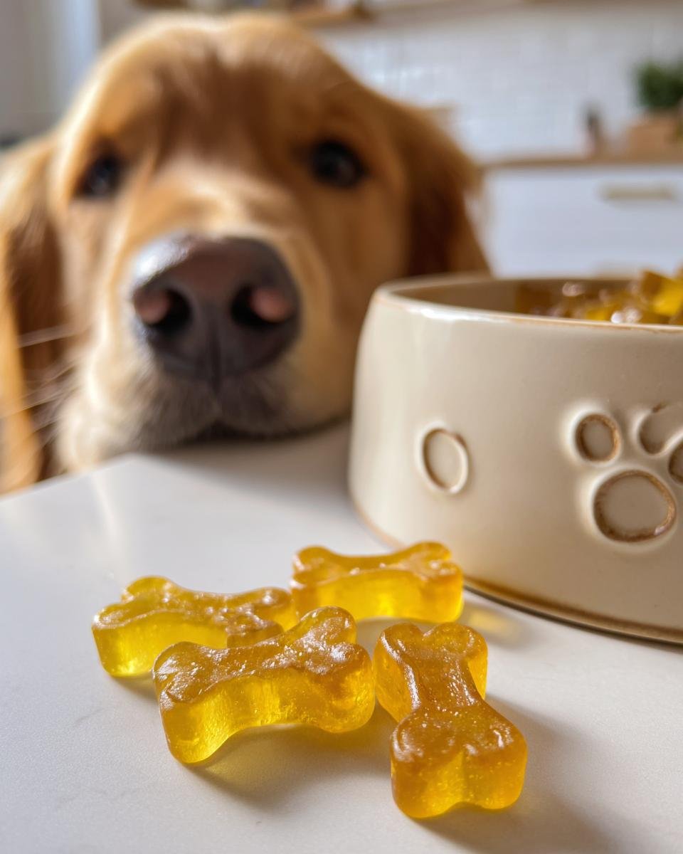 A golden retriever looks intently at several bone-shaped Omega Boost Bone Broth Gummy Treats.