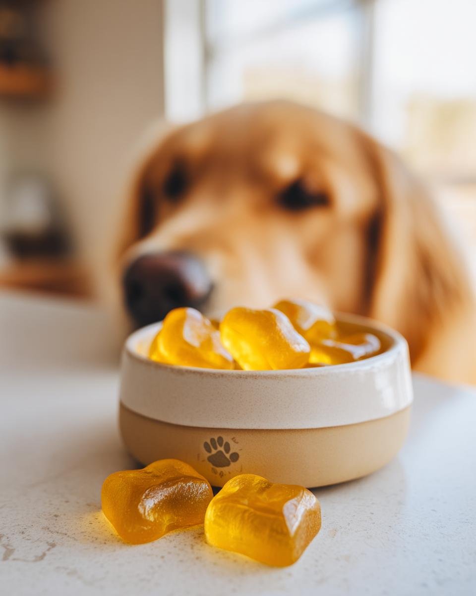 A Golden Retriever eagerly looks at a bowl of glowing yellow Omega Boost Bone Broth Gummy Treats for dogs.