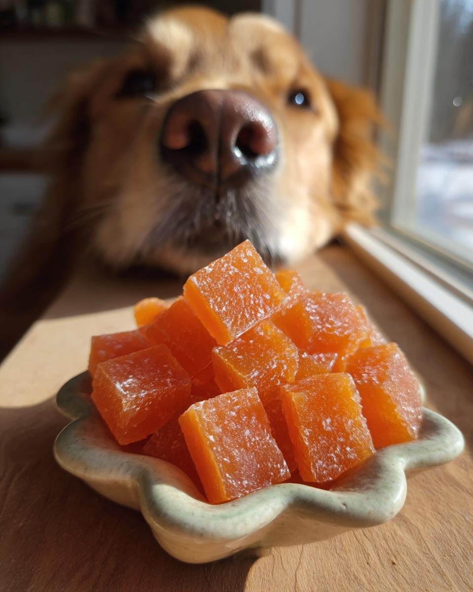 A pile of orange Papaya Bone Broth Digestive Gummies for dogs sits in a small dish while a Golden Retriever sniffs them intently.