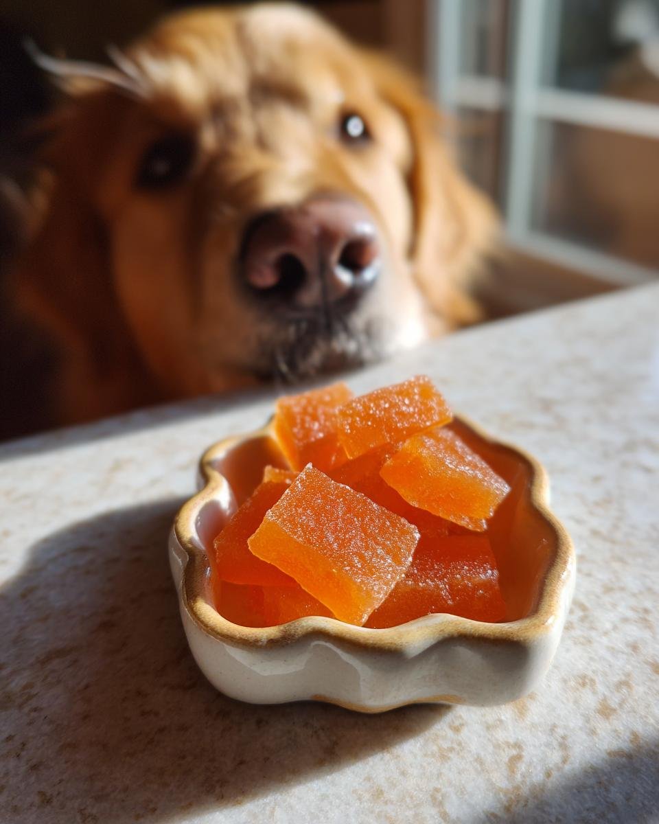 Orange Papaya Bone Broth Digestive Gummies for Dogs in a bowl with a curious Golden Retriever in the background.