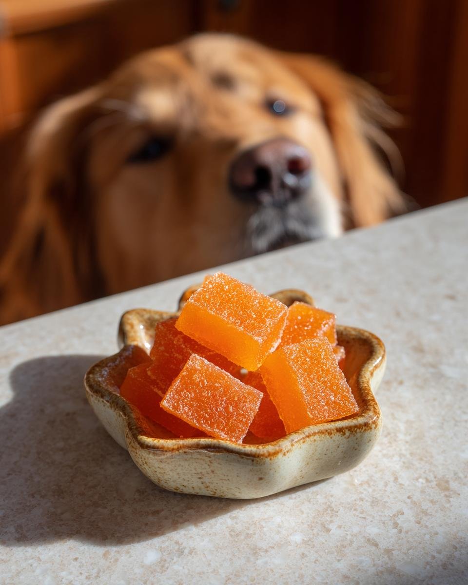 Orange Papaya Bone Broth Digestive Gummies for Dogs in a small bowl, with a curious Golden Retriever looking over the counter.
