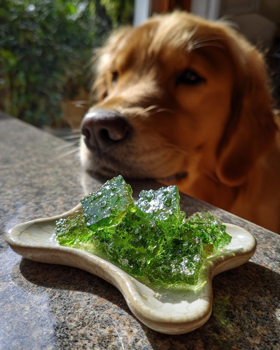 Green, gelatinous Parsley Bone Broth Fresh Breath Gummies for Dogs on a dish, with a curious Golden Retriever in the background.