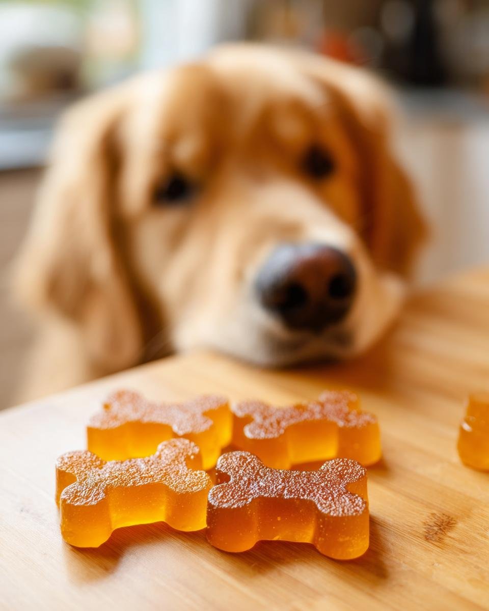 Bone-shaped Pumpkin & Apple Bone Broth Gummies for dogs on a wooden board with a Golden Retriever looking on.