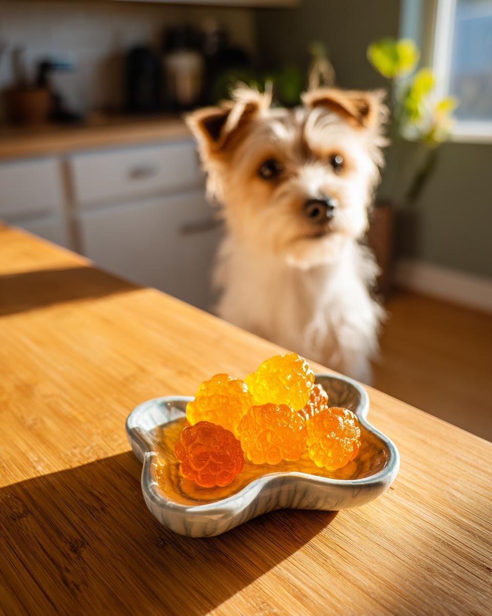 Orange Pumpkin Bone Broth Digestive Gummies for Dogs in a small dish with a curious dog waiting in the background.