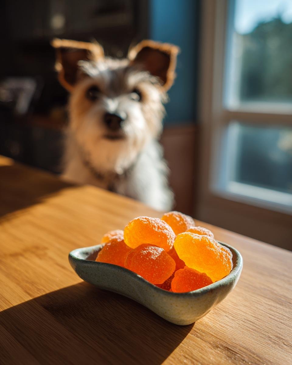 A small bowl of orange Pumpkin Bone Broth Digestive Gummies for Dogs sits on a wooden table, with a small dog looking on in the background.