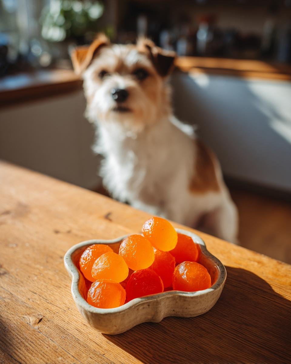 A small bowl of orange Pumpkin Bone Broth Digestive Gummies for Dogs sits on a wooden table with a small dog waiting in the background.