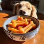 A bowl of bright orange Pumpkin Carrot Bone Broth Gummy Bones for dogs with a Golden Retriever looking on.