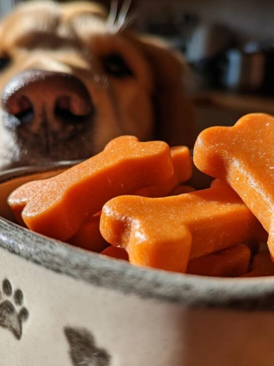 A bowl full of orange Pumpkin Carrot Bone Broth Gummy Bones with a curious Golden Retriever looking on.