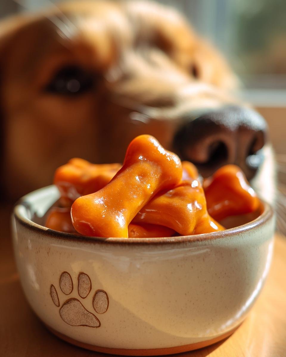 Close-up of shiny, orange Pumpkin Carrot Bone Broth Gummy Bones for Dogs in a paw-print bowl, with a golden retriever in the background.