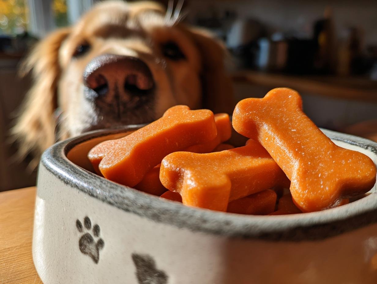 A bowl full of orange Pumpkin Carrot Bone Broth Gummy Bones with a curious Golden Retriever looking on.