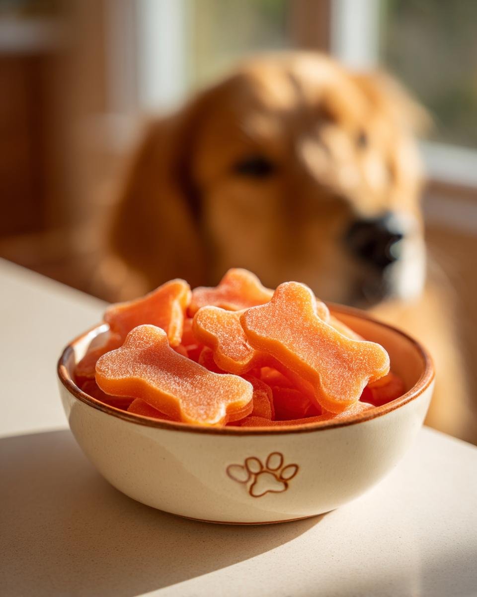 A bowl of orange, bone-shaped Pumpkin Carrot Bone Broth Gummy Bones for Dogs with a golden retriever blurred in the background.