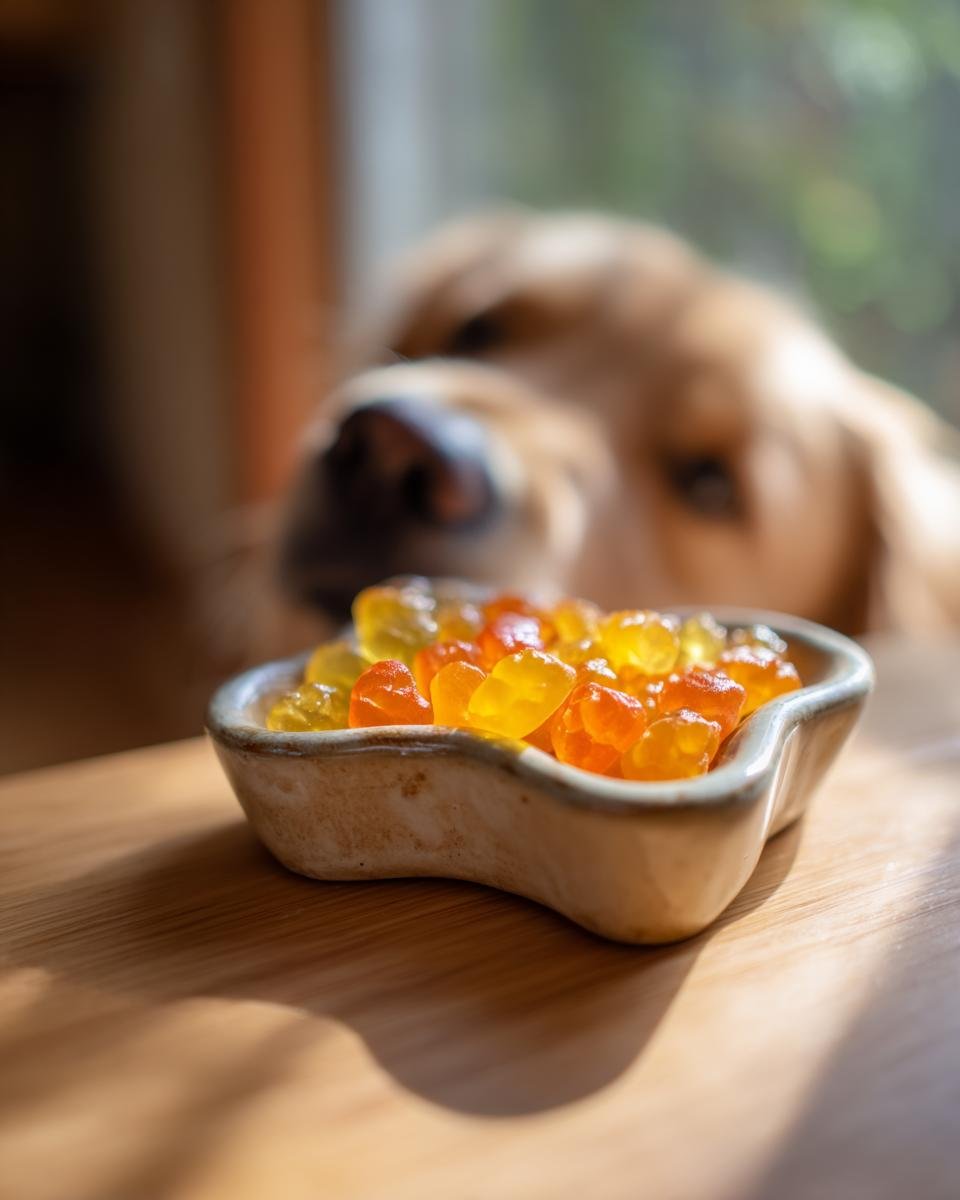 A small bowl filled with orange and yellow Pumpkin Turmeric Bone Broth Gummies for Dogs, with a curious Golden Retriever looking on.
