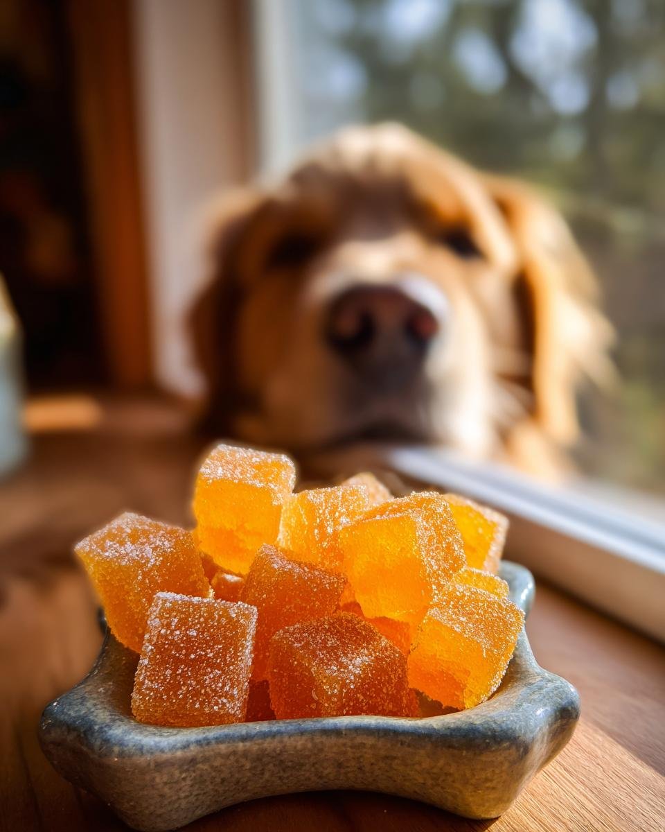 A bowl of orange Pumpkin Turmeric Bone Broth Gummies for Dogs with a curious golden retriever looking on in the background.