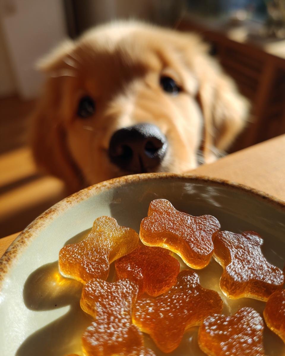 A golden retriever puppy looks intently at a bowl of bone-shaped Weight Control Bone Broth Low-Cal Gummies for Dogs.