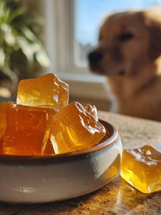 Close-up of amber Puppy-Friendly Bone Broth Gummies in a small bowl, with a golden retriever puppy blurred in the background.