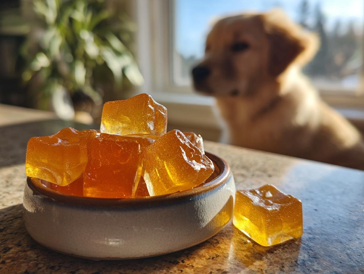 Close-up of amber Puppy-Friendly Bone Broth Gummies in a small bowl, with a golden retriever puppy blurred in the background.