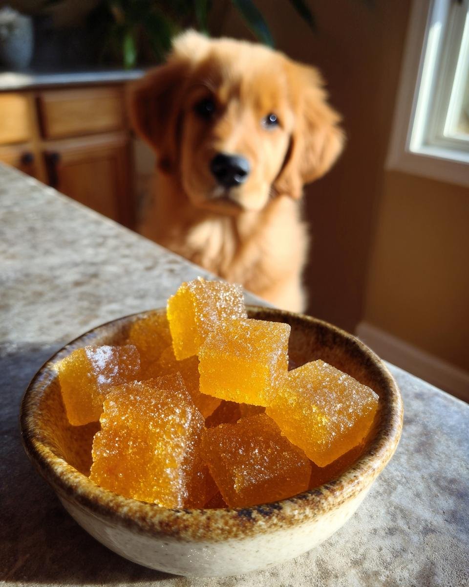 A bowl of golden Puppy-Friendly Bone Broth Gummies in the foreground with a curious golden retriever puppy looking on in the background.