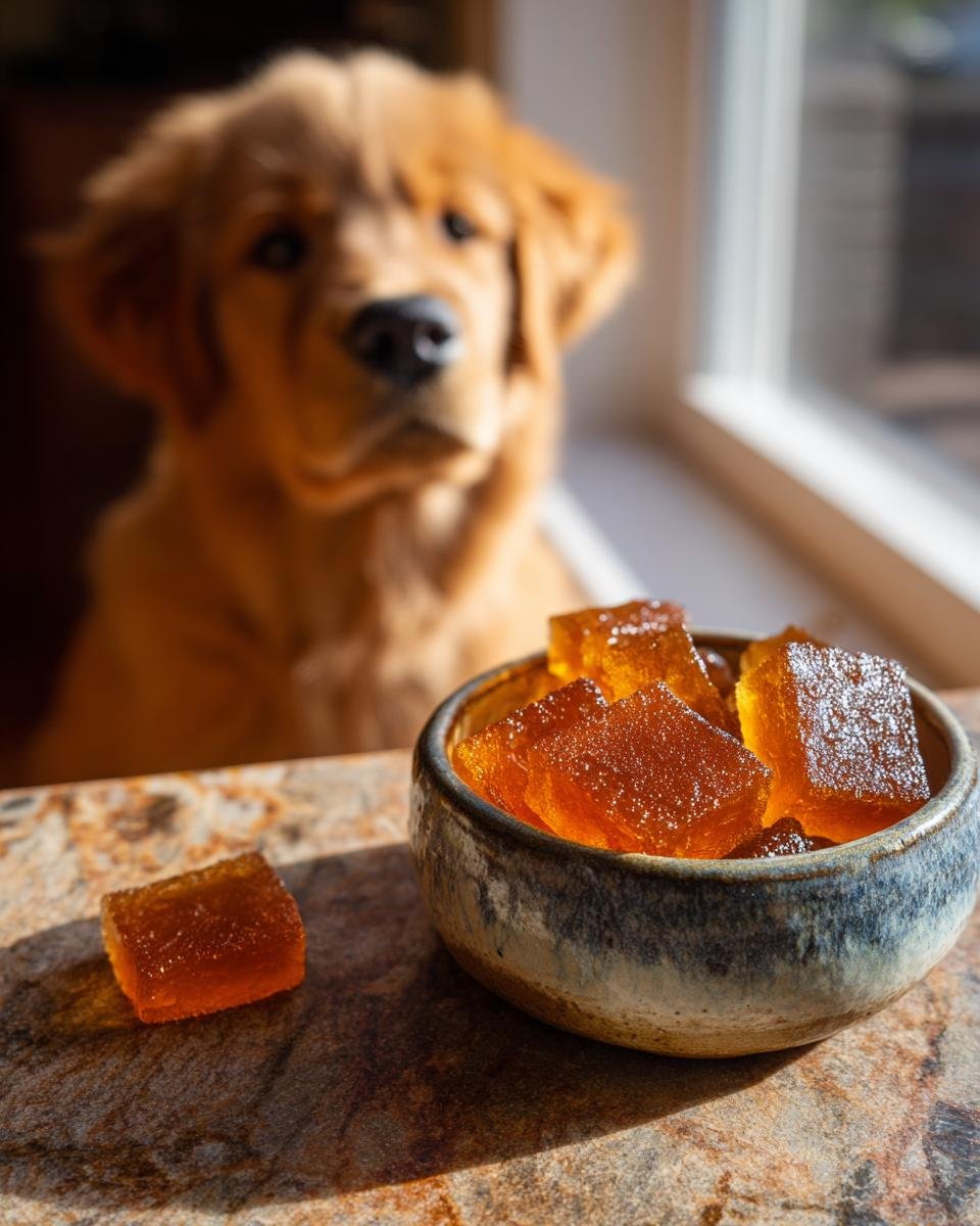 A bowl of amber Puppy-Friendly Bone Broth Gummies sits in the foreground while a curious Golden Retriever puppy looks on in the background.