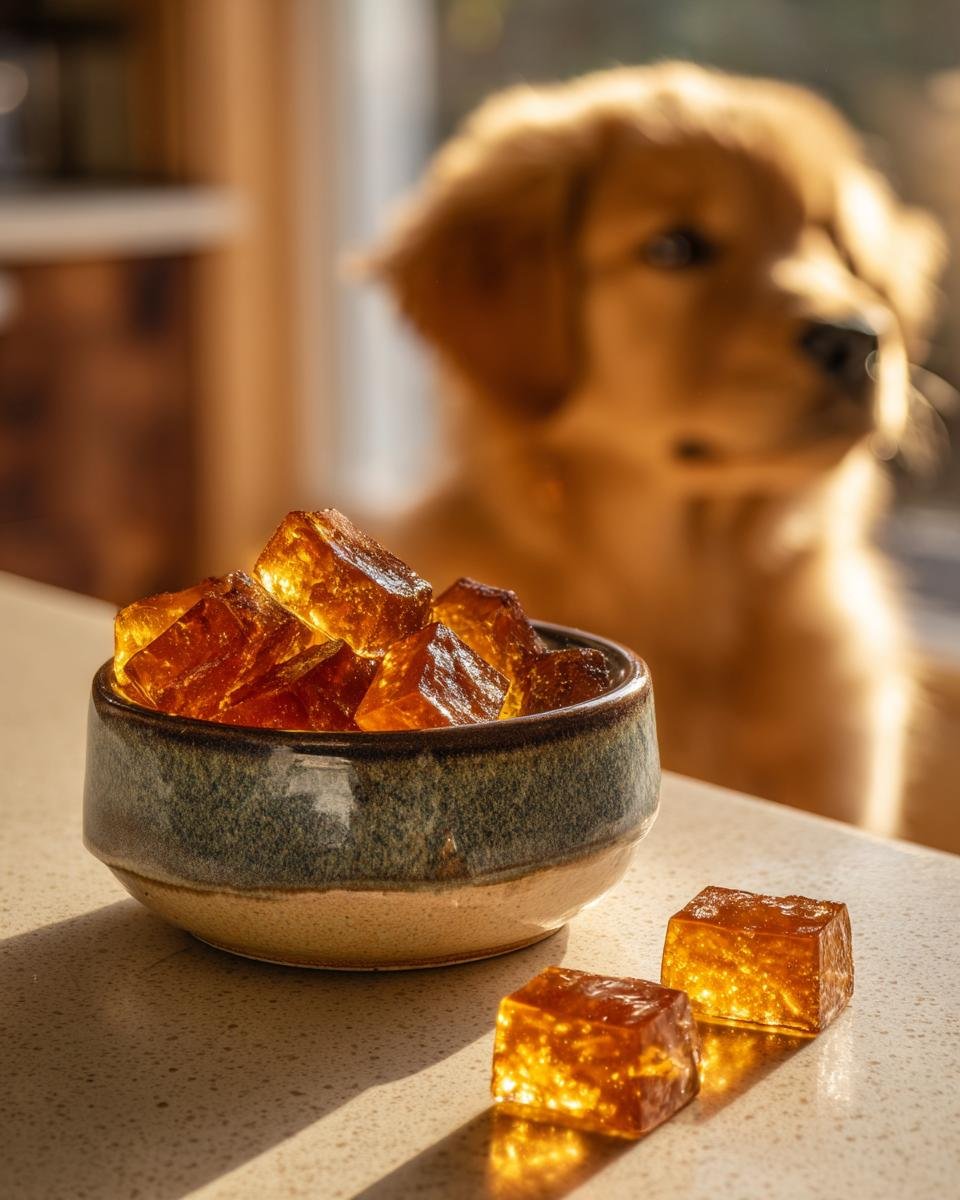 Amber-colored Puppy-Friendly Bone Broth Gummies in a bowl with a curious Golden Retriever puppy in the background.