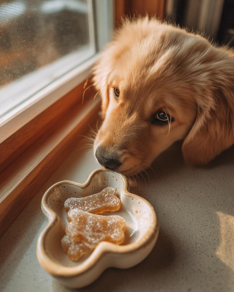 A curious golden retriever puppy sniffs two bone-shaped Aloe & Bone Broth Skin Support Gummies for Dogs in a small dish.