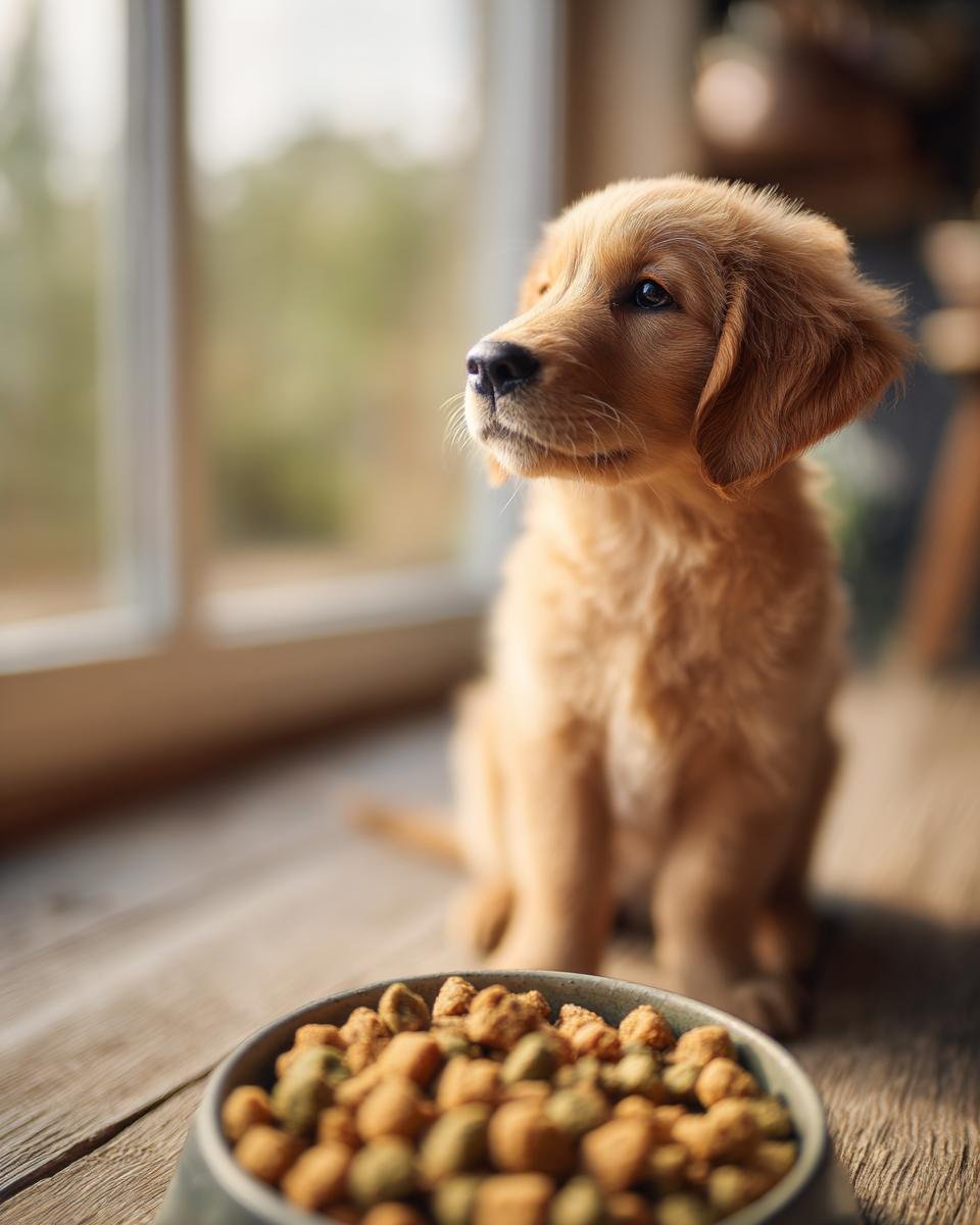 A cute Golden Retriever puppy sits patiently near a bowl filled with Homemade Chicken and Spinach Joint Support Kibble.