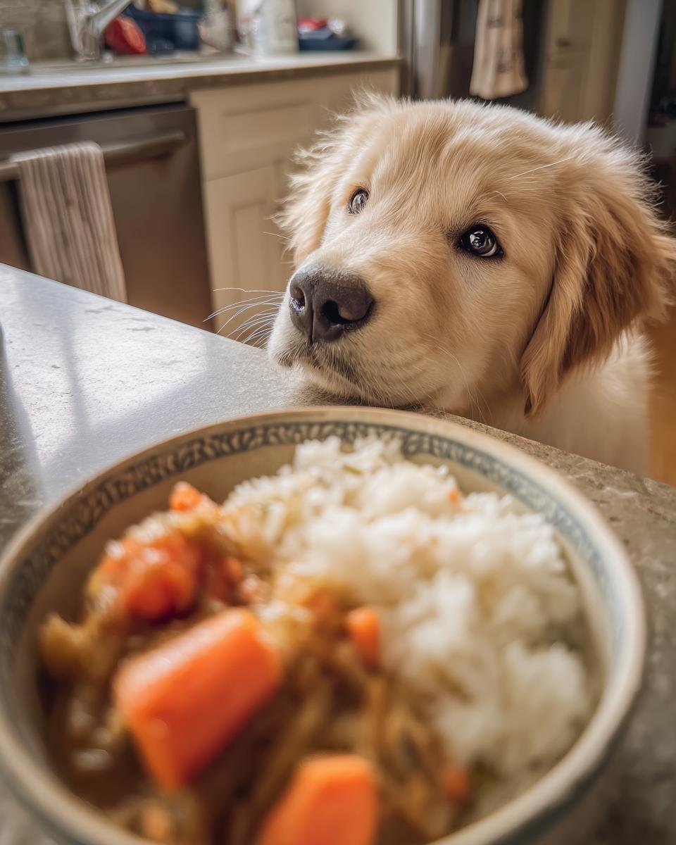 Adorable Golden Retriever puppy looking longingly at a bowl of rabbit and carrot dinner.