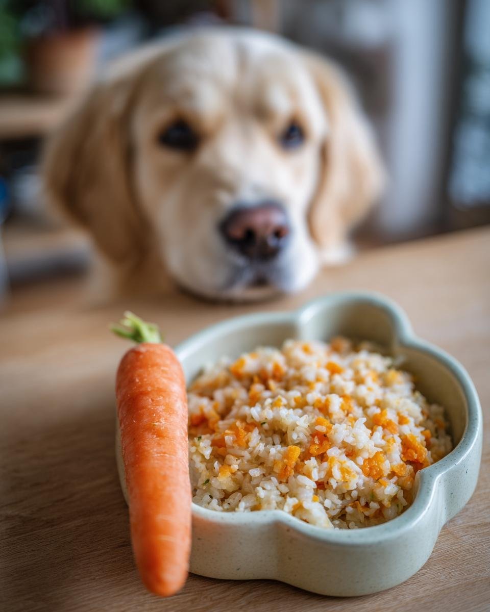 A golden retriever dog looks longingly at a bowl of rabbit and carrot dinner, with a whole carrot beside the bowl.