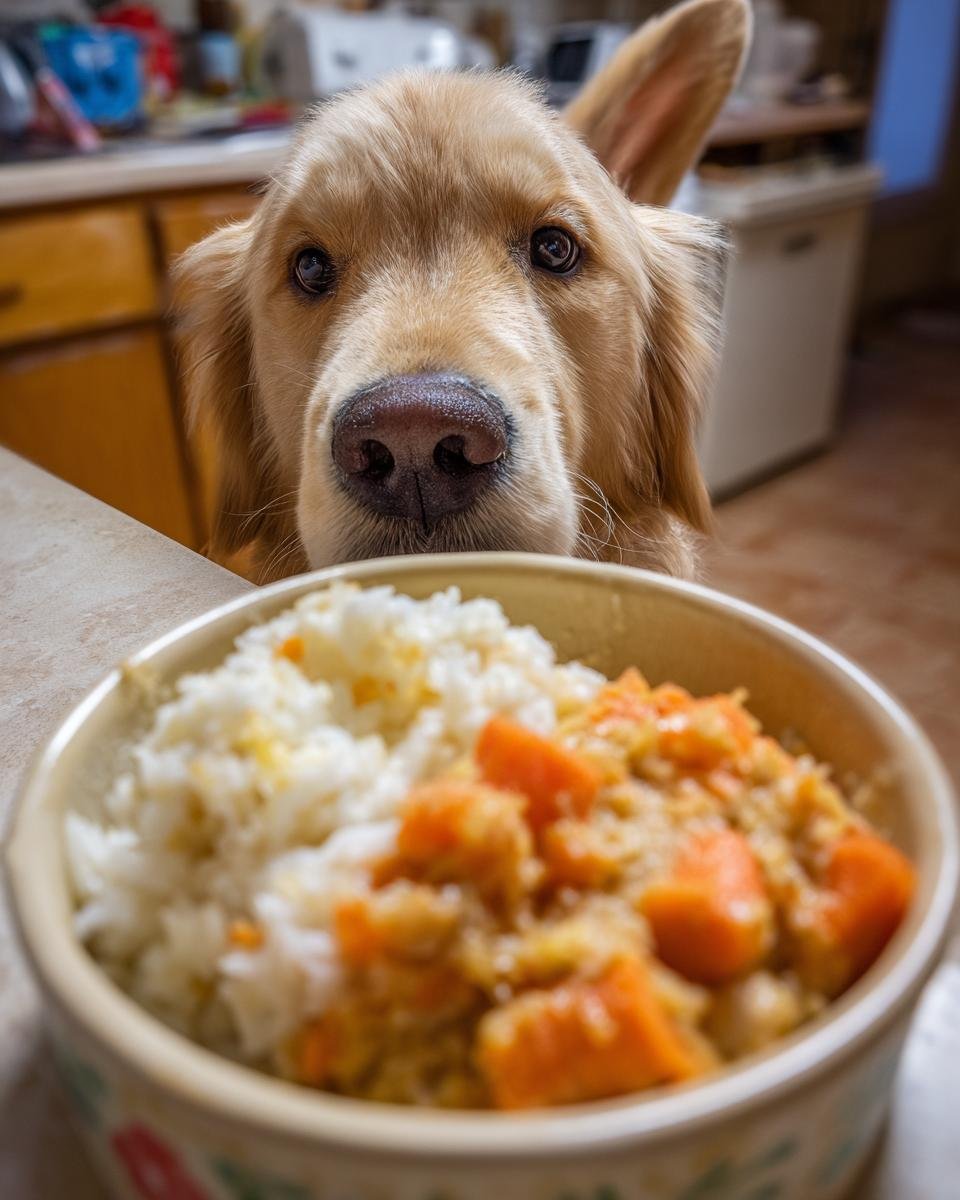 A golden retriever dog looks expectantly at a bowl of rabbit and carrot dinner, perfect for dogs with allergies.