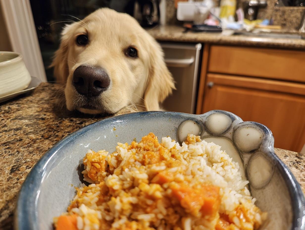 A golden retriever puppy looks longingly at a bowl of rabbit and carrot dog food.