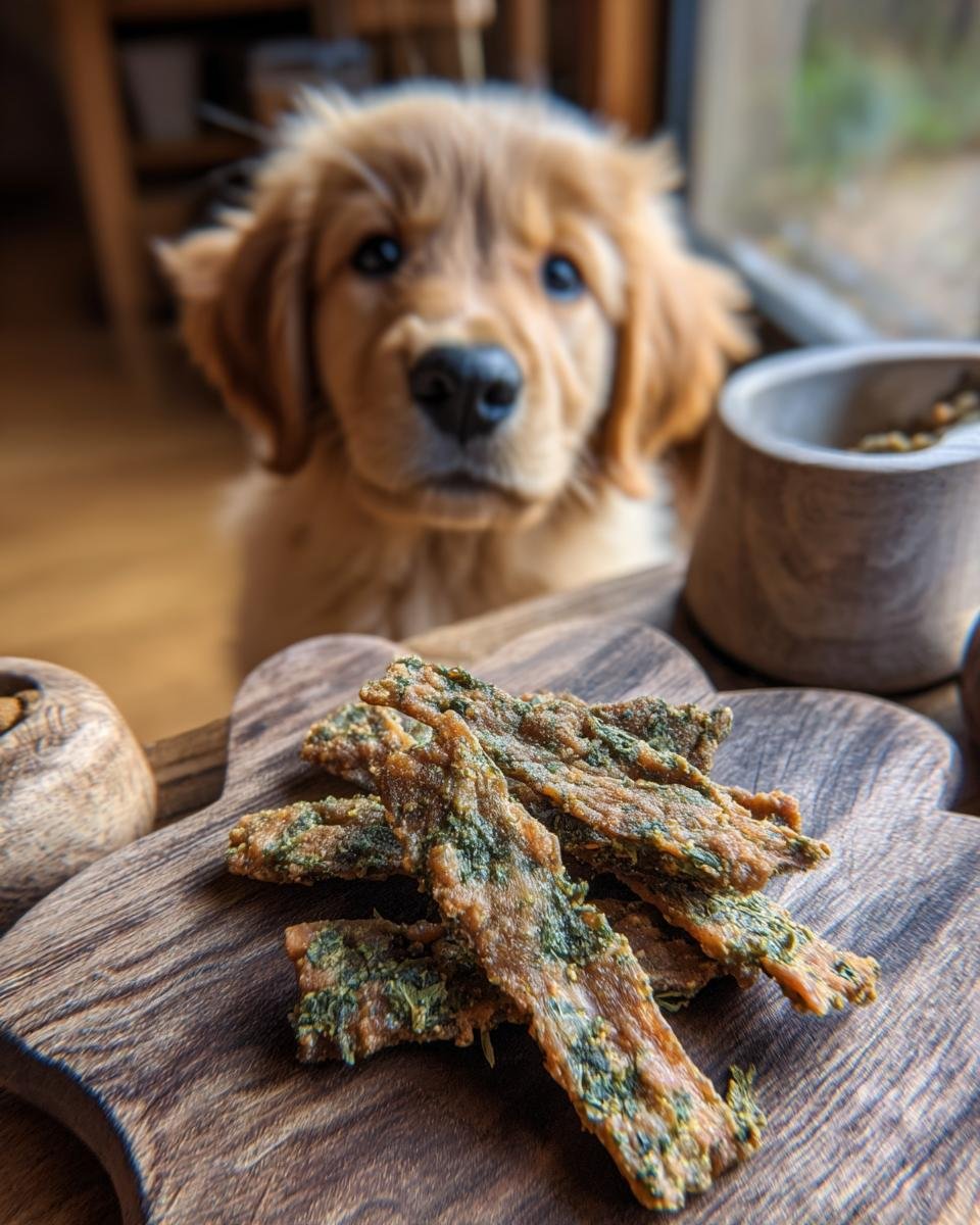 A golden retriever puppy looks longingly at a pile of Rabbit and Parsley Soft Jerky on a wooden cutting board.