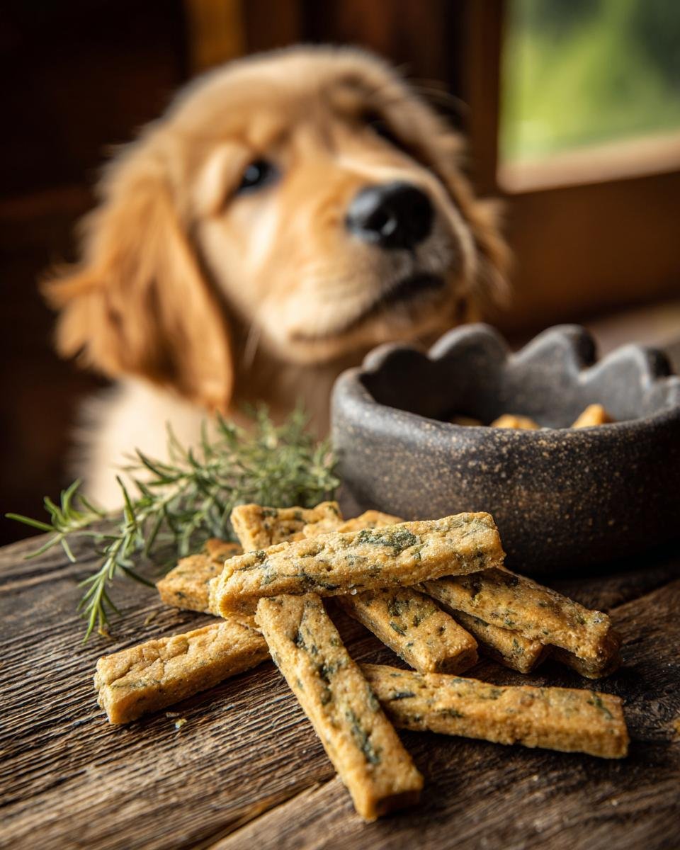 A pile of Rabbit and Parsley Soft Jerky treats on a wooden surface, with a golden retriever puppy in the background.