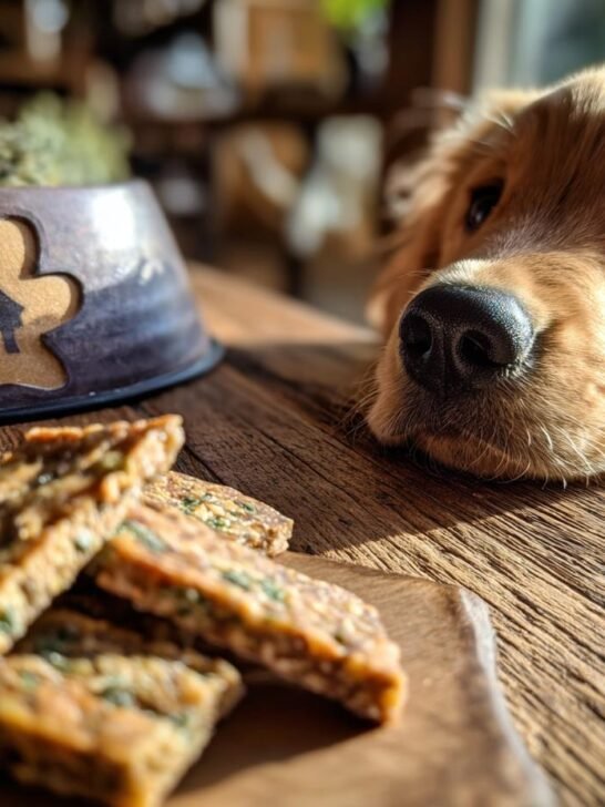 A golden retriever puppy looks longingly at a pile of Rabbit and Parsley Soft Jerky on a wooden table.