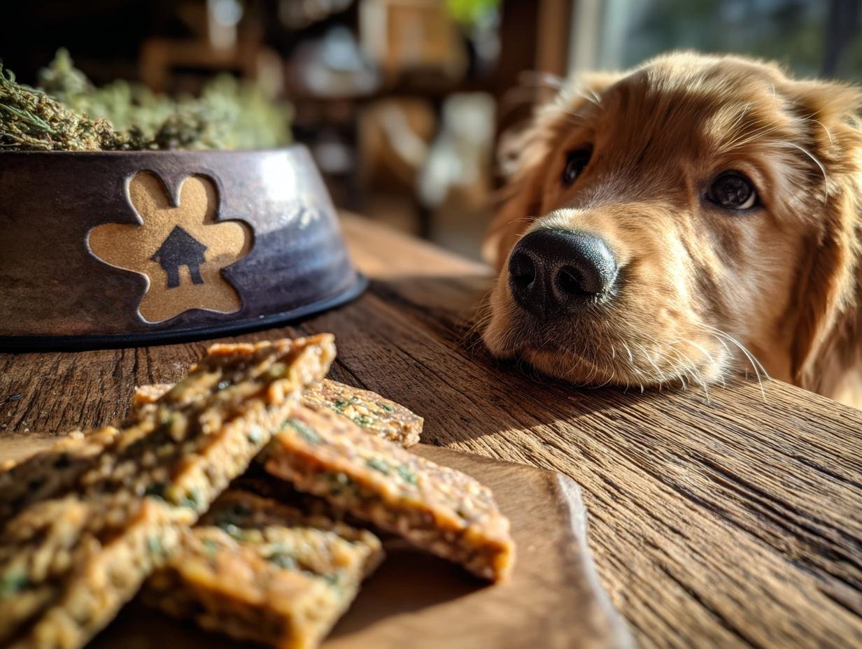 A golden retriever puppy looks longingly at a pile of Rabbit and Parsley Soft Jerky on a wooden table.