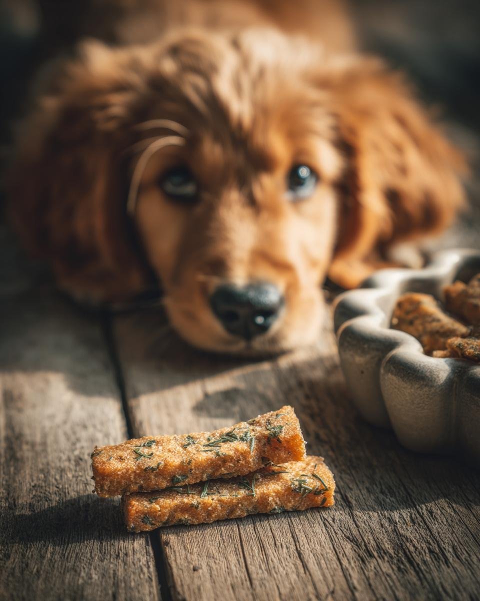 A cute puppy looks longingly at a stack of Rabbit and Parsley Soft Jerky dog treats.