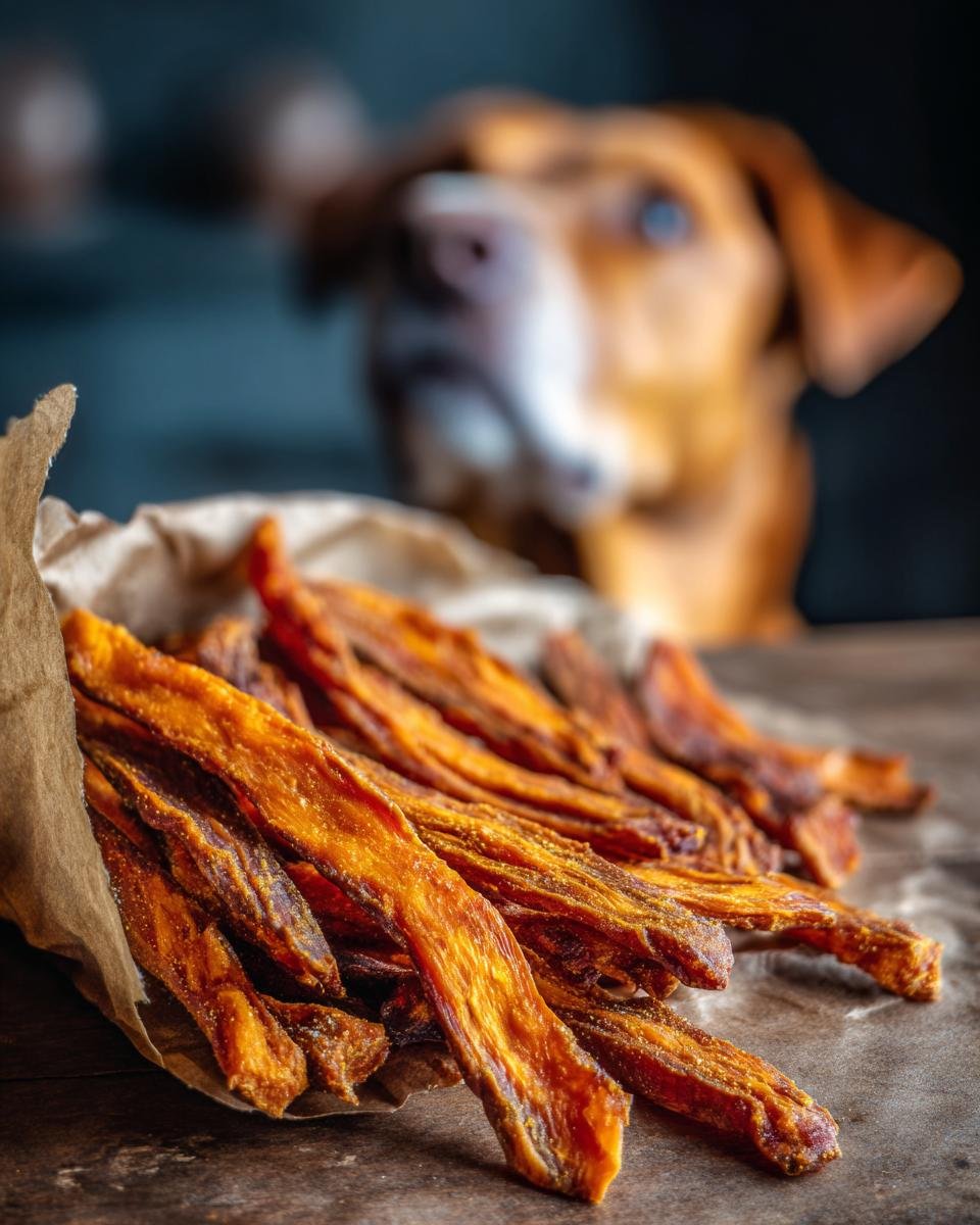 Close-up of Rabbit Sweet Potato Gentle Jerky treats in a paper bag, with a dog looking on in the background.