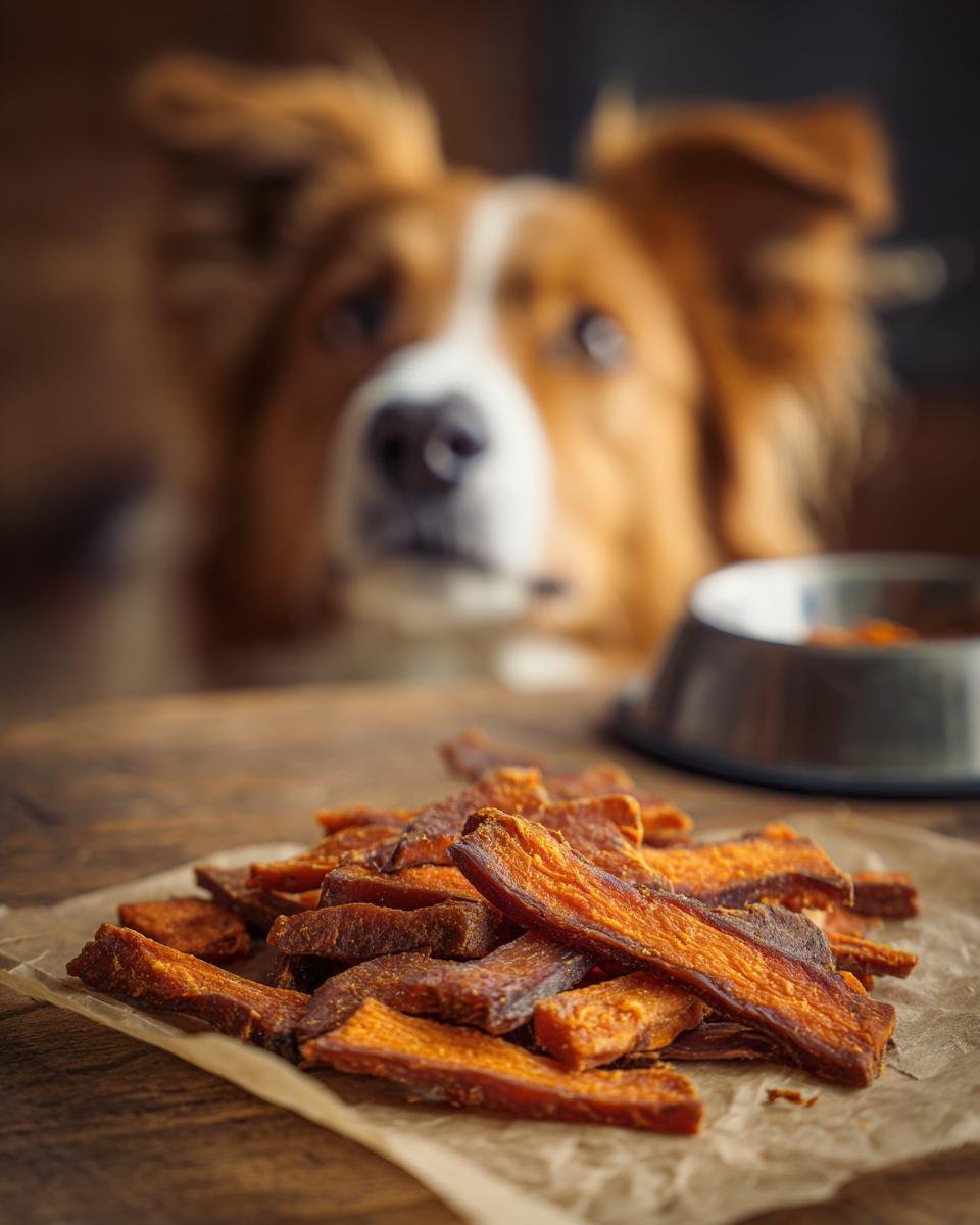 A pile of Rabbit Sweet Potato Gentle Jerky dog treats on parchment paper, with a dog looking on in the background.