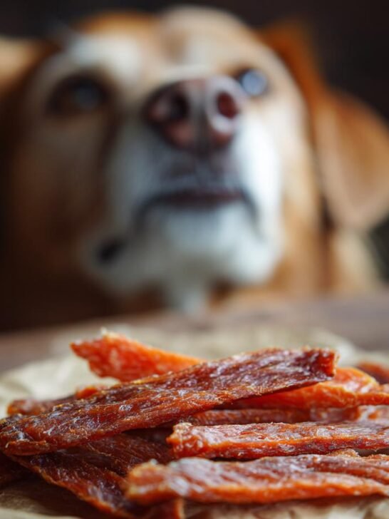 A pile of Rabbit Sweet Potato Gentle Jerky dog treats on brown paper with a dog looking intently in the background.