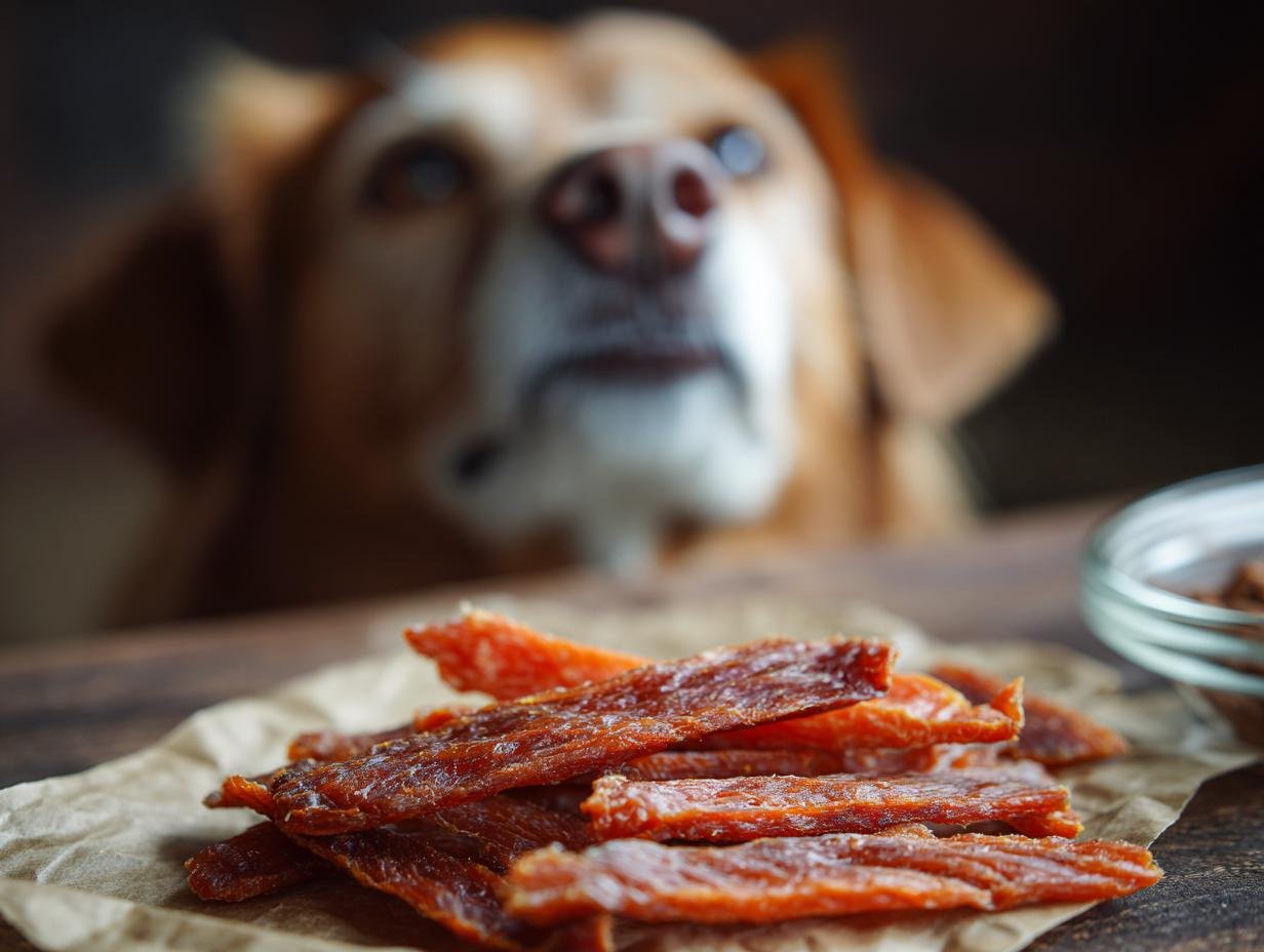 A pile of Rabbit Sweet Potato Gentle Jerky dog treats on brown paper with a dog looking intently in the background.
