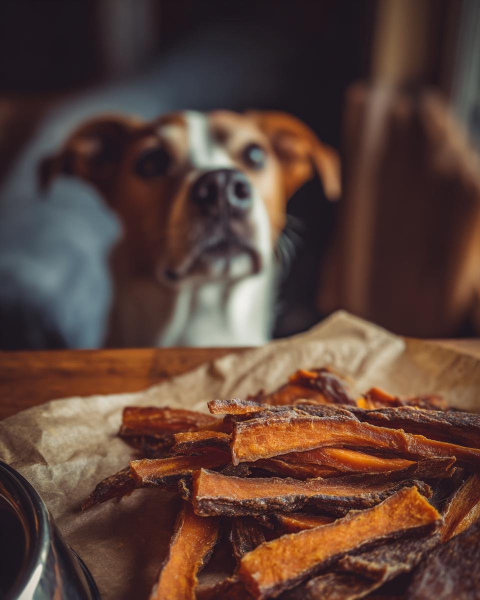 A pile of homemade Rabbit Sweet Potato Gentle Jerky treats for dogs, with a curious dog in the blurred background.